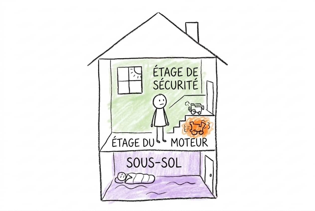 Les trois pièces : étage de sécurité, étage moteur, sous-sol