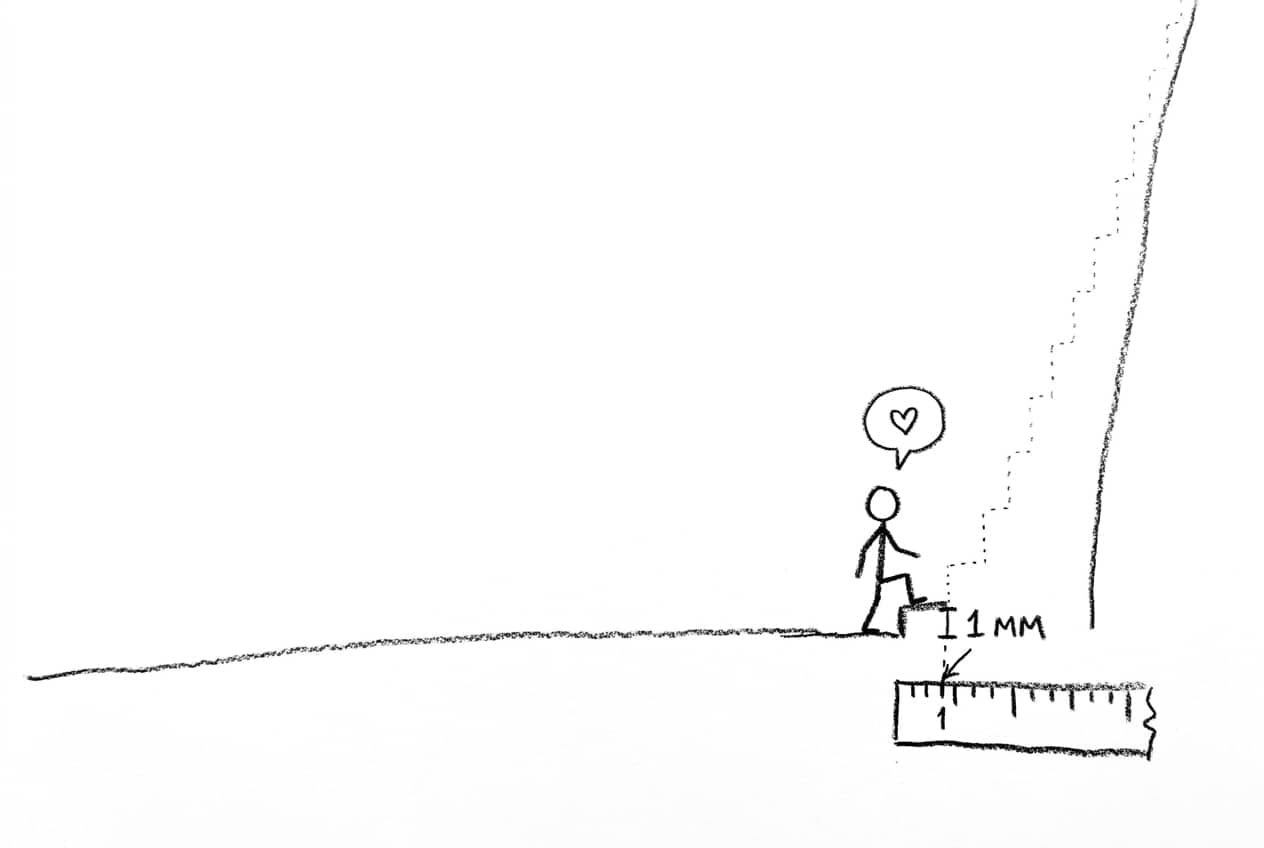 FIGURE 38 — THE MILLIMETER STAIRCASE. A crayon drawing: a vast plain, one tiny first step, a figure placing a foot on it, the rest of the staircase only dotted lines rising off the page. The ruler on the ground reads 1 MM.